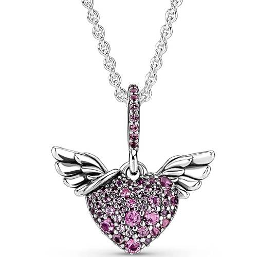 collar Pandora corazón rosa con alas 